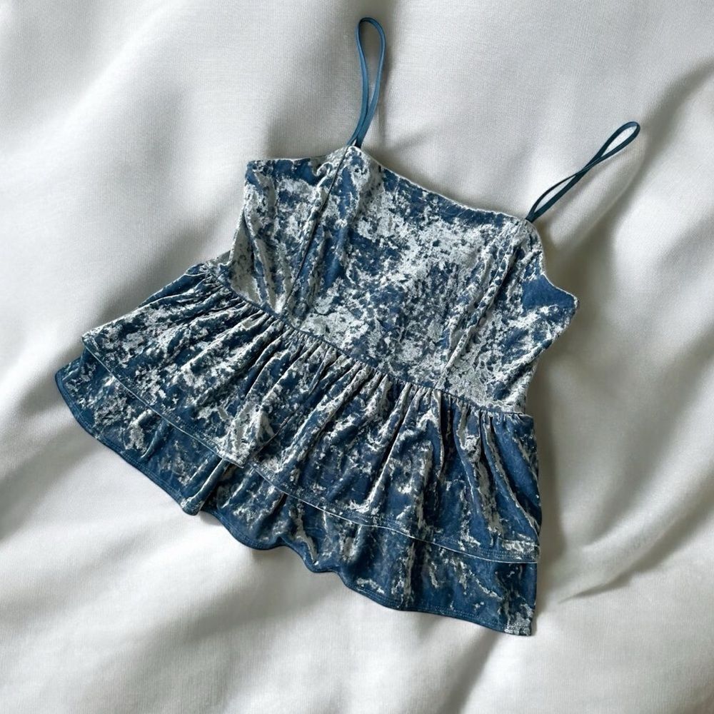 American Eagle Shirt Velvet Tiered Babydoll Top Blue Size Small NWT - Picture 6 of 11
